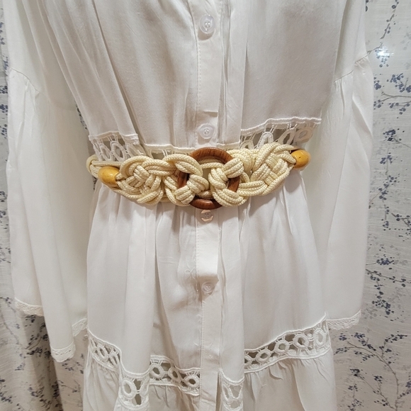 VINTAGE 80s Cream Braided Rope Belt with gold and wooden beades and circle - Picture 7 of 8